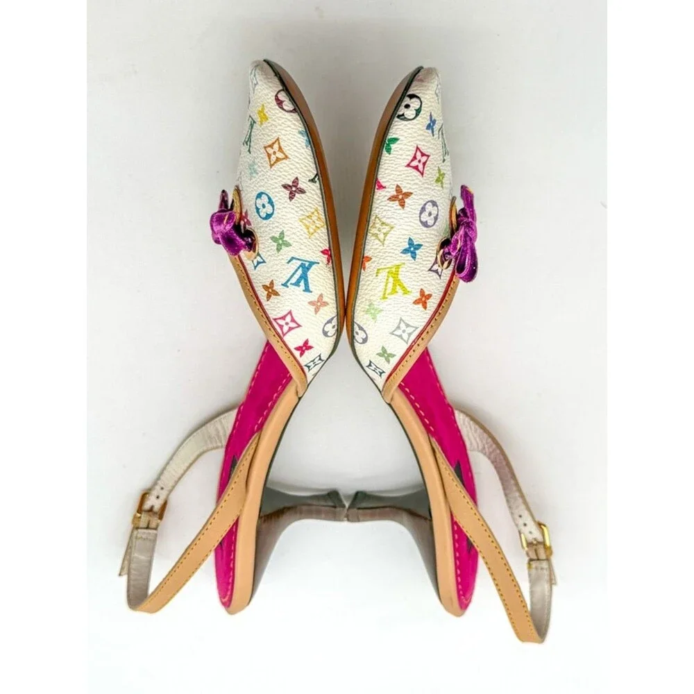 Louis Vuitton Takashi Murakami Vintage White Monogram Slingback Heels EU 38 US 8